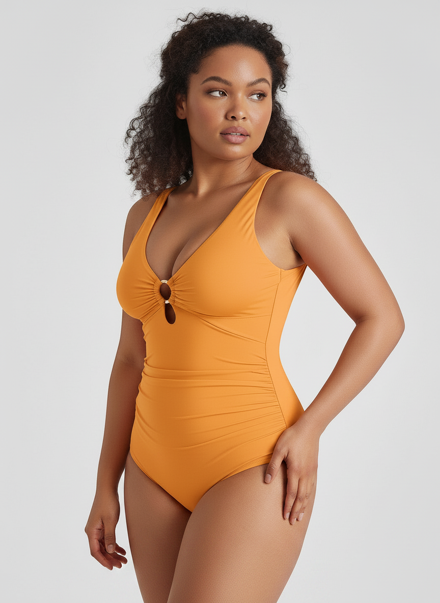 Woman wearing a mustard yellow swimsuit on a plain background