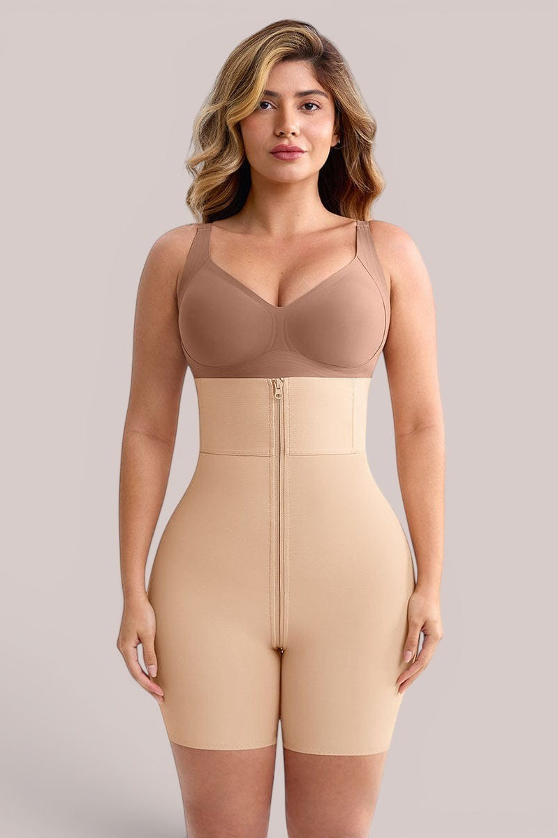 www.modusactive.com beige high-waisted shaping shorts with zipper closure and butt-lifting design