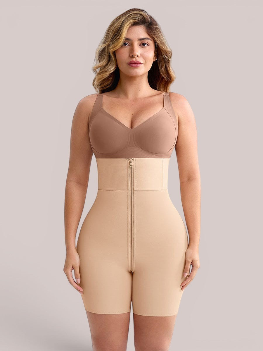 www.modusactive.com beige high-waisted shaping shorts with zipper closure and butt-lifting design