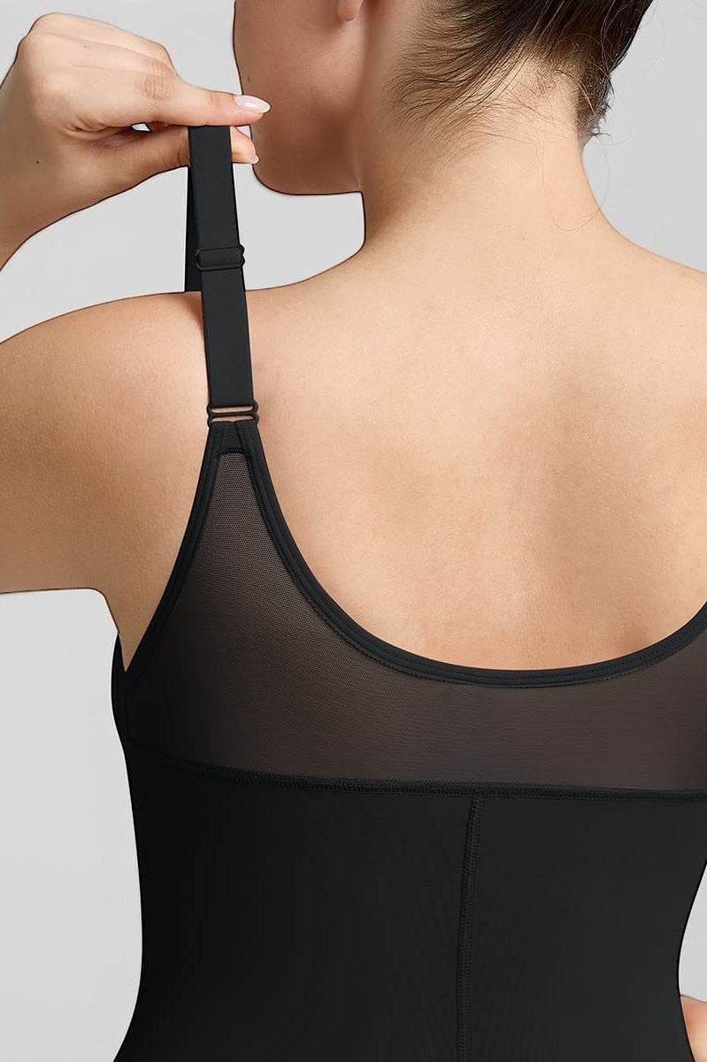 www.modusactive.com black nylon-spandex full-bust bodysuit with mesh back panel and adjustable straps.