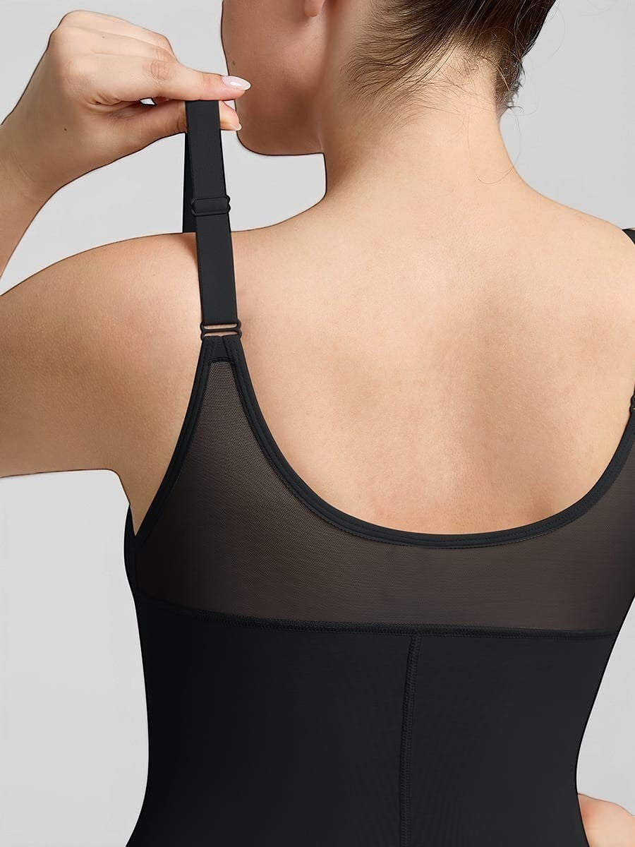 www.modusactive.com black nylon-spandex full-bust bodysuit with mesh back panel and adjustable straps.