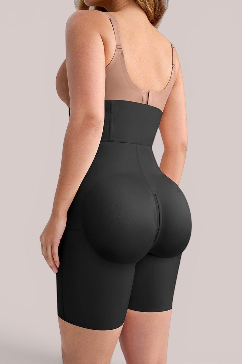 www.modusactive.com black high-waisted shaping shorts with butt lifting feature and seamless leg openings.