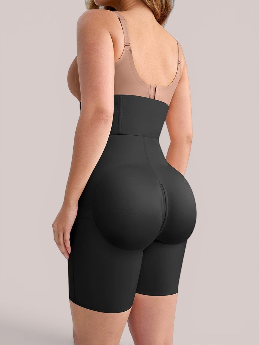 www.modusactive.com black high-waisted shaping shorts with butt lifting feature and seamless leg openings.