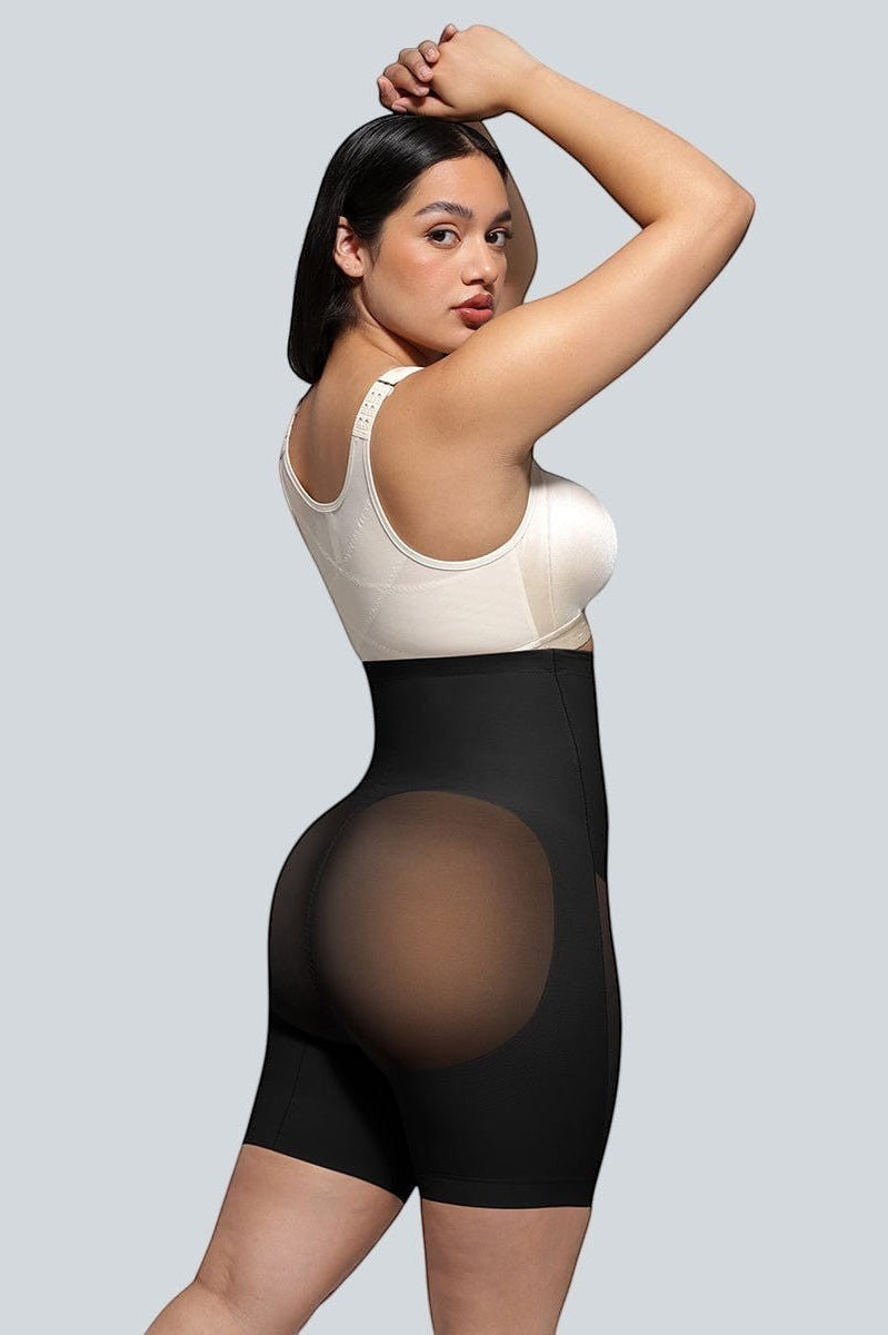 www.modusactive.com black high-waisted shaping shorts with seamless bonding and butt-lifting design