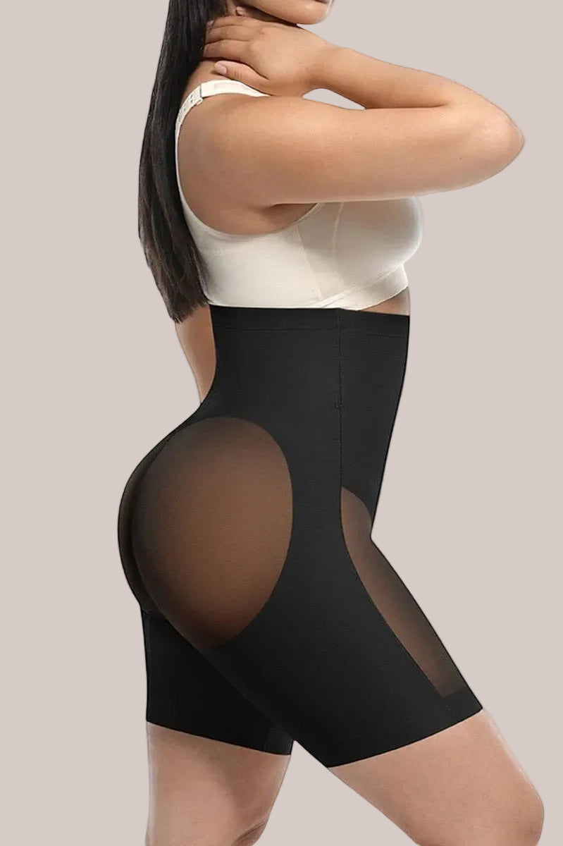 www.modusactive.com black high-waisted shaping shorts with mesh panels on hips and legs, tummy control and butt lift.