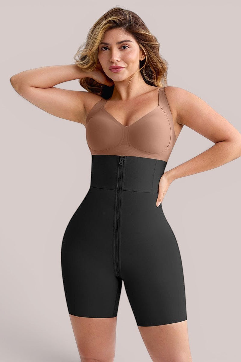 www.modusactive.com black high-waisted shaping shorts with zipper and butt-lifting design