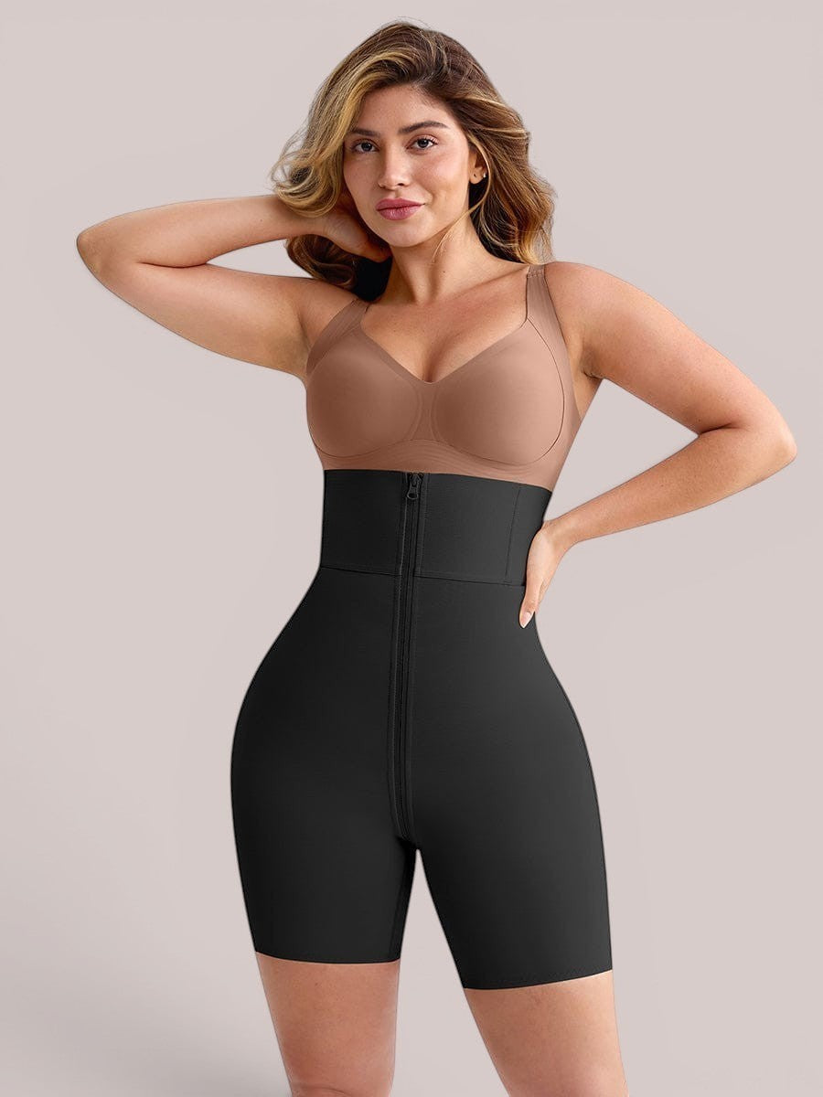 www.modusactive.com black high-waisted shaping shorts with zipper and butt-lifting design