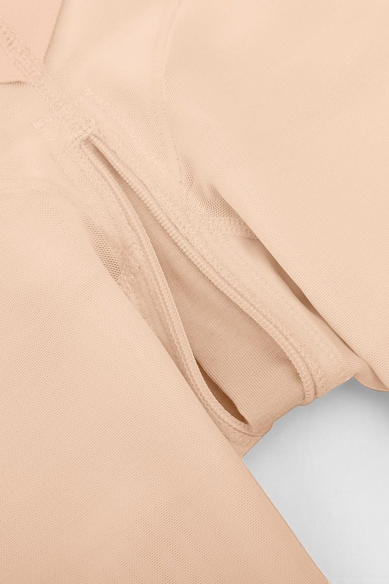 www.modusactive.com beige nylon-spandex bodysuit with zipper closure and mesh detailing