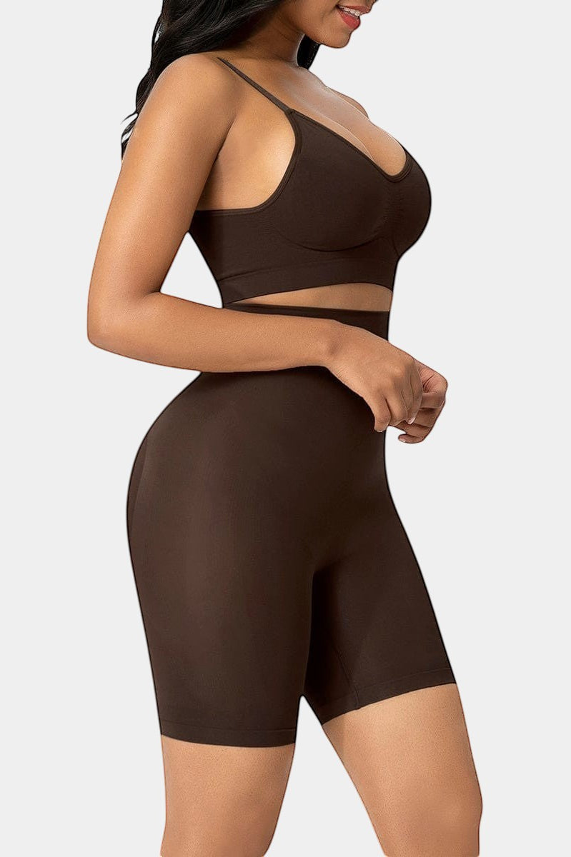Modus Active brown seamless high-waist butt lifter shorts made of nylon and elastane, designed for slimming and a stay-put fit.
