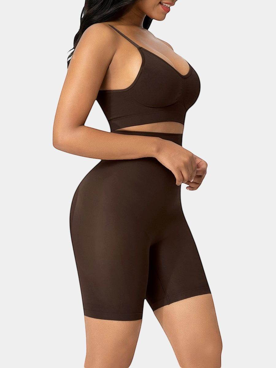 Modus Active brown seamless high-waist butt lifter shorts made of nylon and elastane, designed for slimming and a stay-put fit.