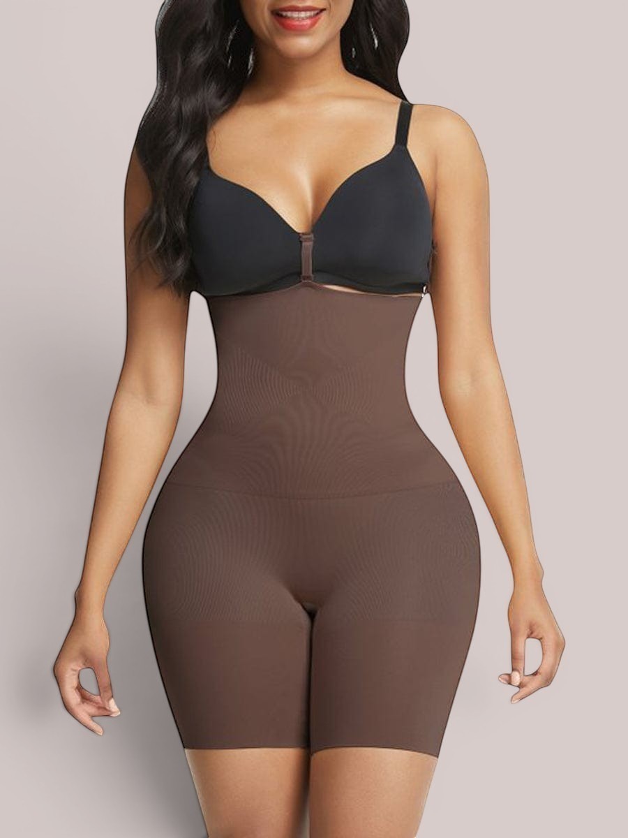 www.modusactive.com brown high-waisted shaping shorts made of nylon and spandex with a seamless design and anti-slip features.