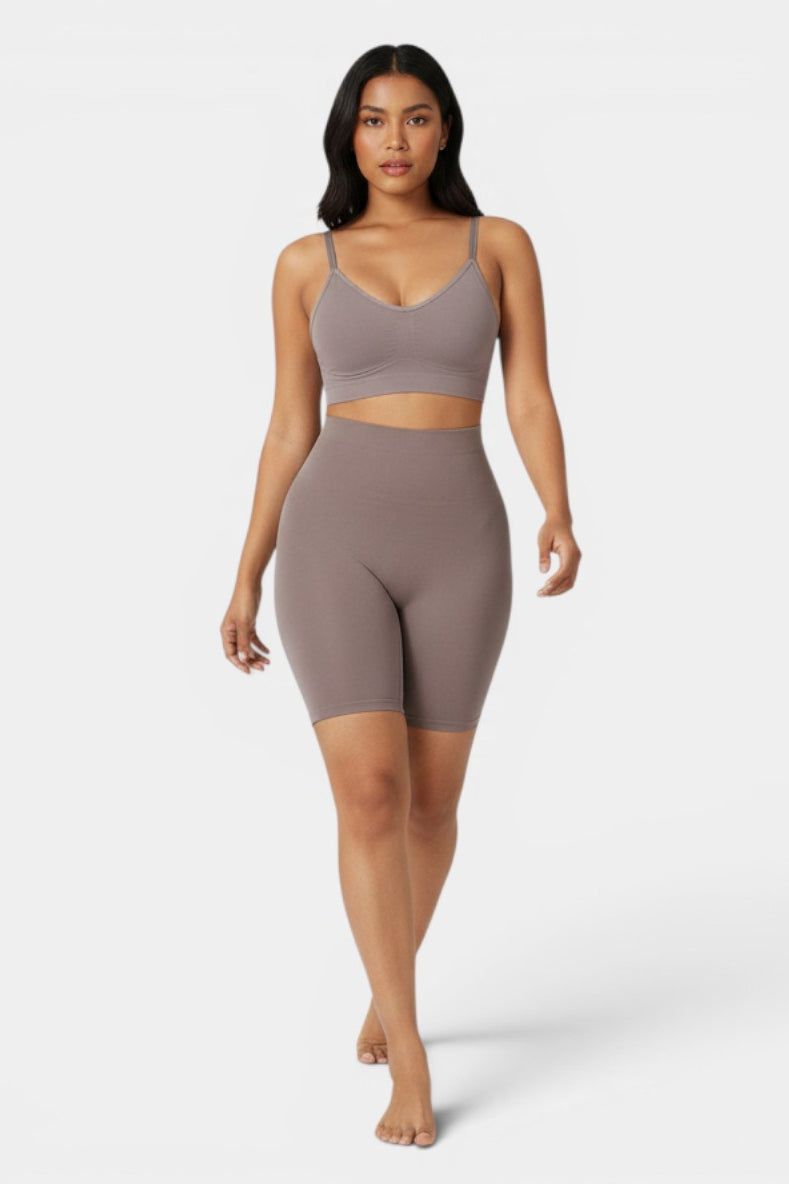 www.modusactive.com taupe seamless high-waist butt lifter shorts with a no-slip waistband and tummy control.