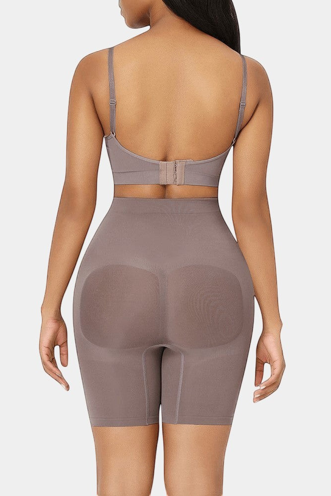 www.modusactive.com taupe seamless high-waist butt lifter shorts with tummy control and a no-slip waistband.