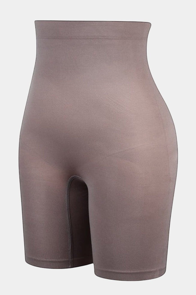 www.modusactive.com taupe seamless high-waist butt lifter shorts made of nylon and elastane for tummy control and shaping.
