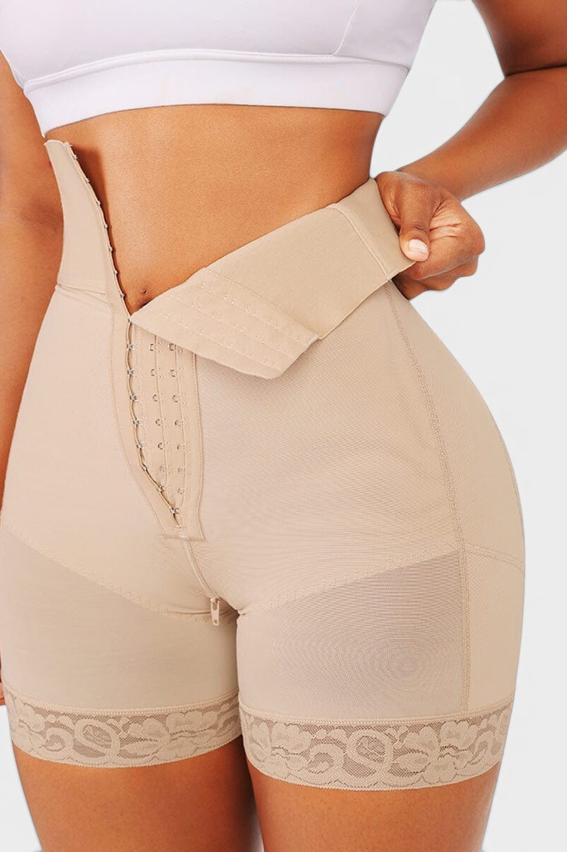 www.modusactive.com beige high-waist bodysuit with triple closure, tummy control, and lace trim. 70% nylon, 30% spandex.