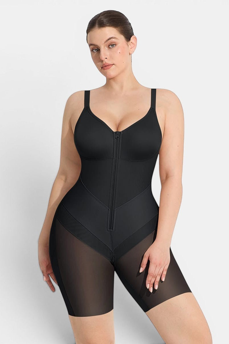 www.modusactive.com black full-bust bodysuit with sheer mesh leg panels and front zipper closure