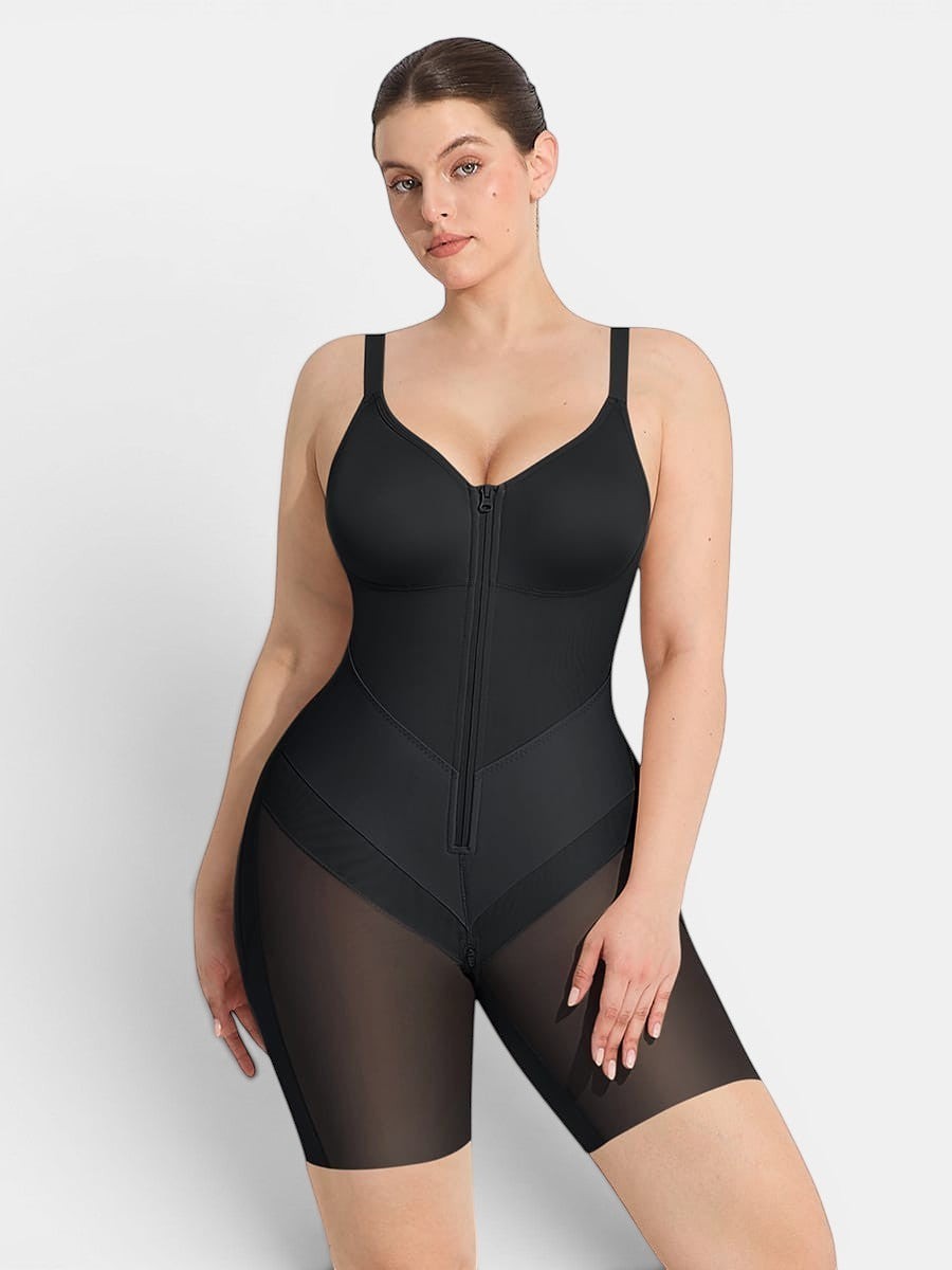 www.modusactive.com black full-bust bodysuit with sheer mesh leg panels and front zipper closure