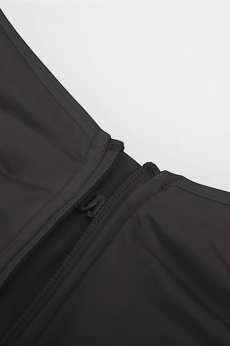 www.modusactive.com black nylon-spandex full-bust bodysuit with front zipper and adjustable straps