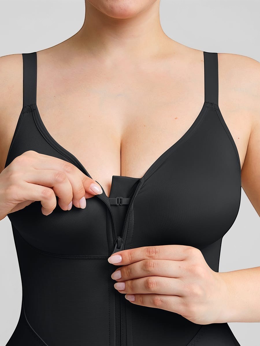 www.modusactive.com black full-bust bodysuit with zipper closure and adjustable straps, made of nylon and spandex.