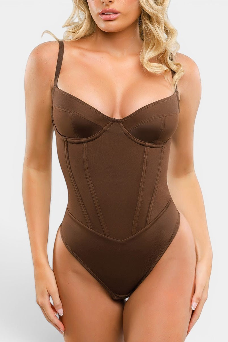 MODUS Sculpt™ Contour Bodysuit in brown nylon and spandex with adjustable straps and built-in shapewear.