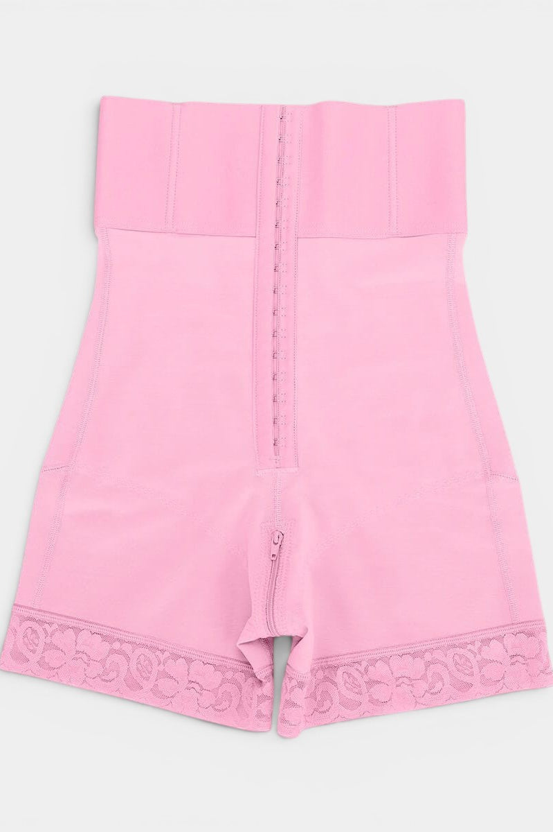 www.modusactive.com pink high-waist bodysuit with triple closure, boning, and lace trim. Nylon and spandex blend.
