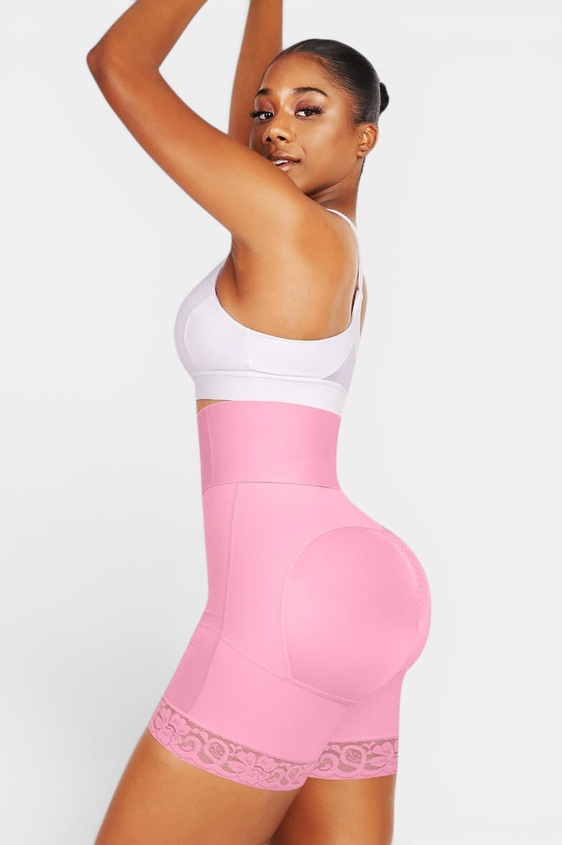 www.modusactive.com pink high-waisted bodysuit with triple closure, tummy control, and butt lift features. Made of nylon and spandex with lace trim.