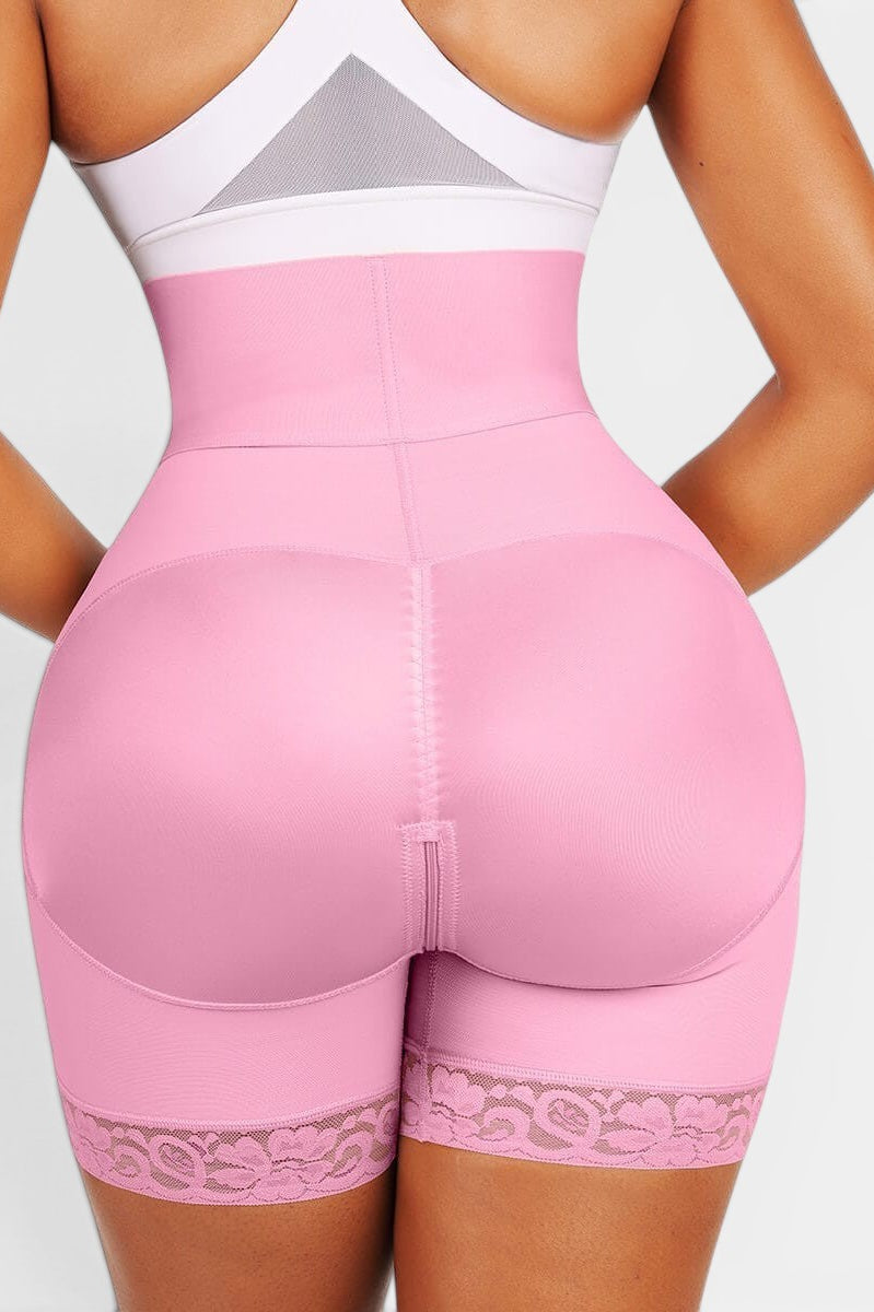 www.modusactive.com pink high-waisted bodysuit with triple closure, tummy control, and butt lift features. Made of nylon and spandex.