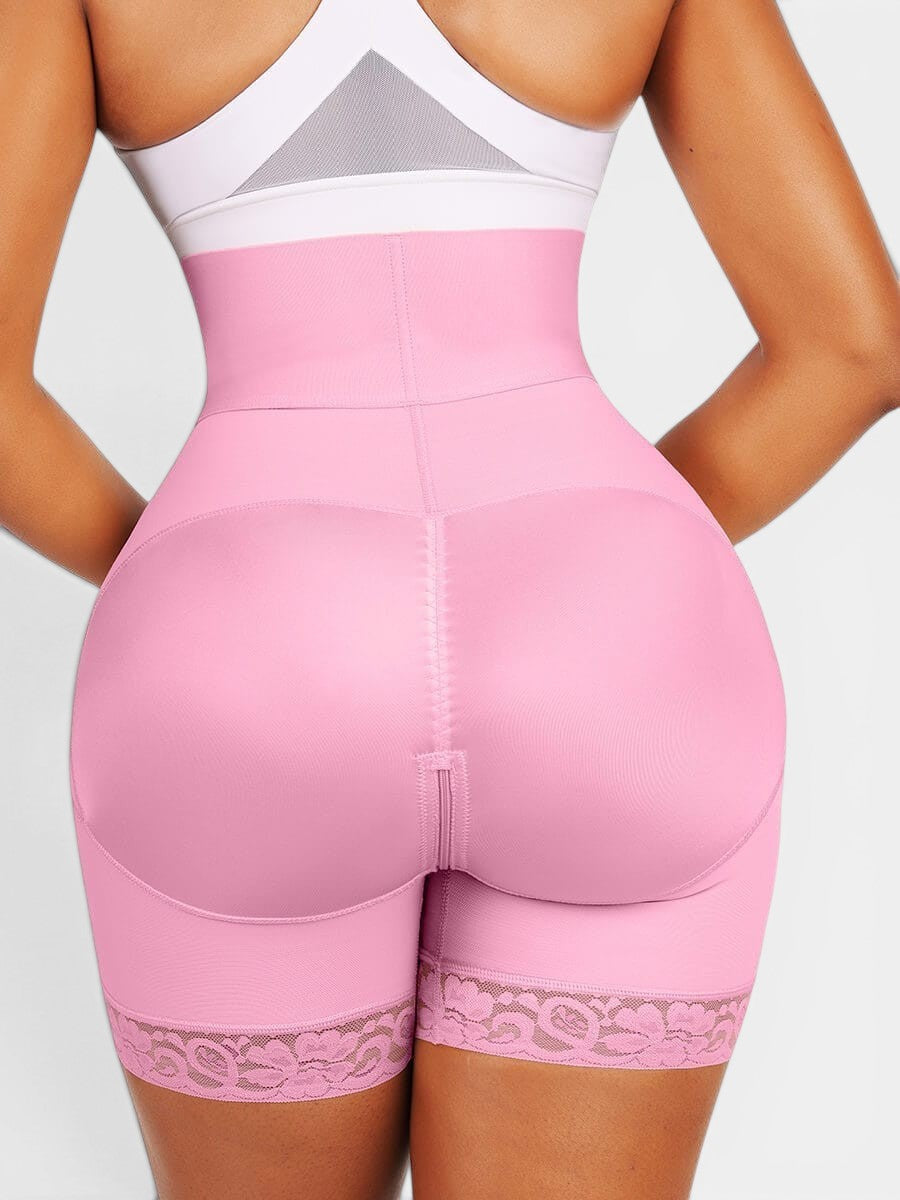 www.modusactive.com pink high-waisted bodysuit with triple closure, tummy control, and butt lift features. Made of nylon and spandex.