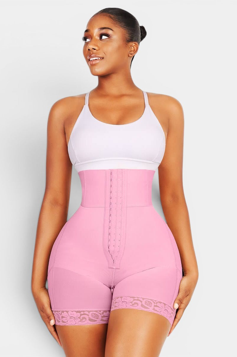 www.modusactive.com pink high-waist bodysuit with triple closure, tummy control, and lace trim on legs. Nylon/spandex blend.