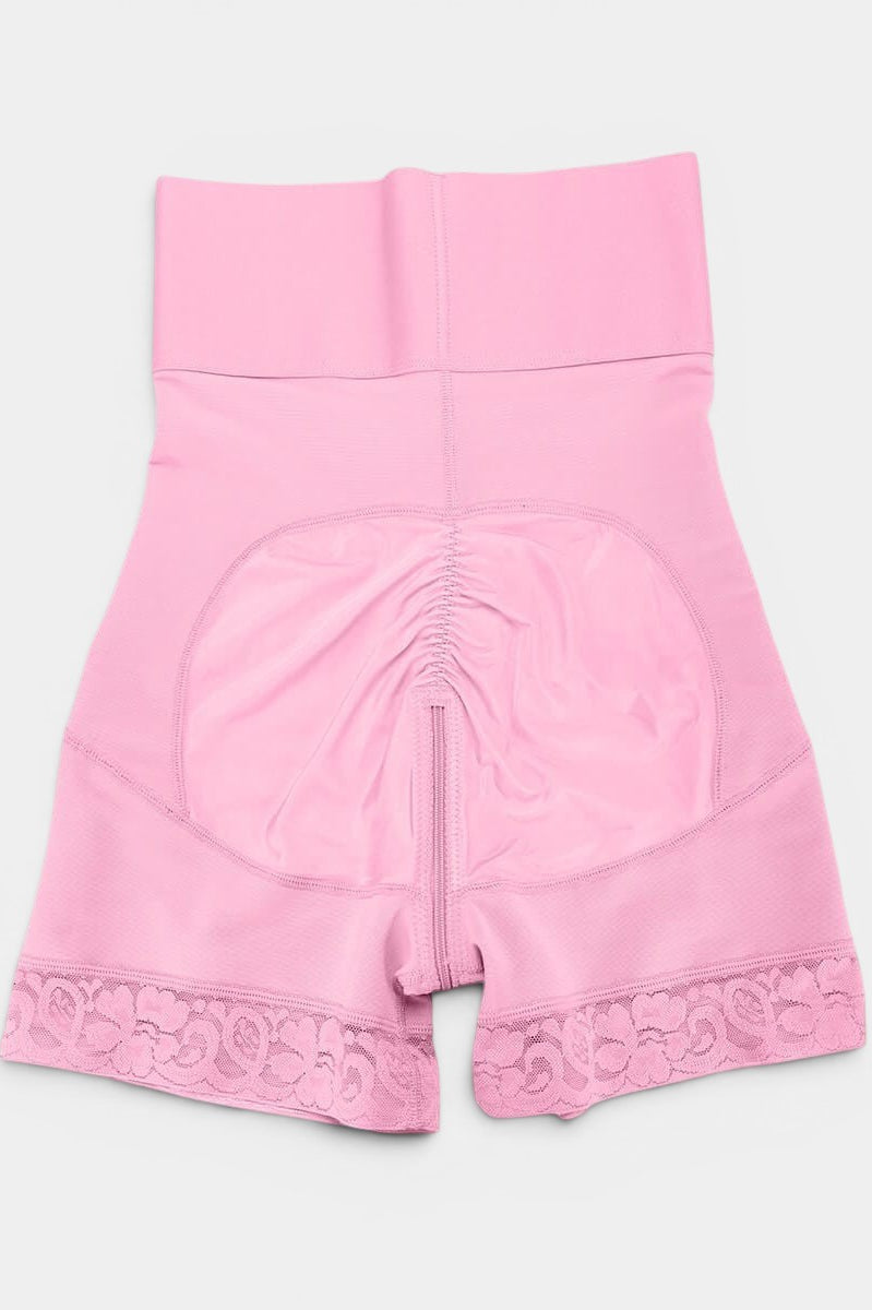 www.modusactive.com pink high-waist bodysuit with triple closure, tummy control, and lace trim. Nylon/spandex blend.