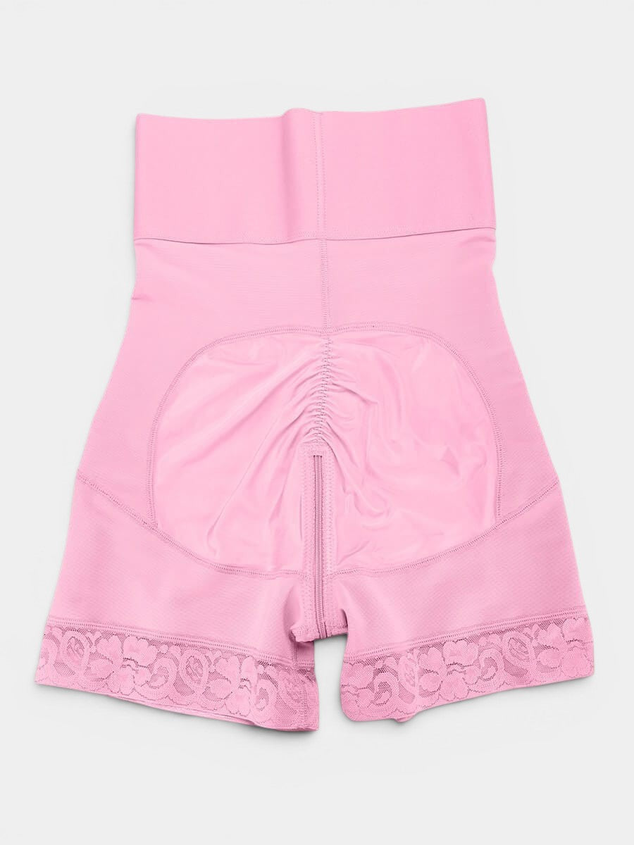 www.modusactive.com pink high-waist bodysuit with triple closure, tummy control, and lace trim. Nylon/spandex blend.