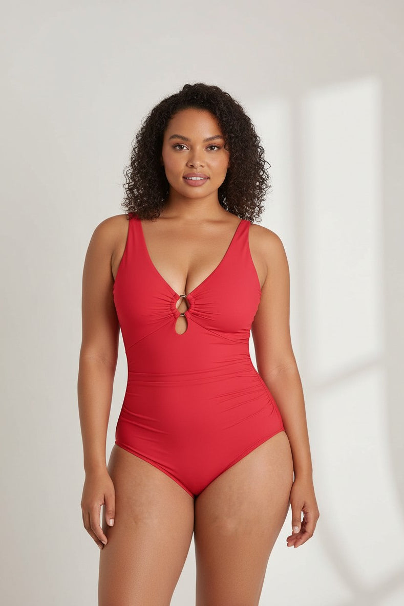 www.modusactive.com red ruched V-neck one-piece swimsuit with gold ring embellishment and wide straps