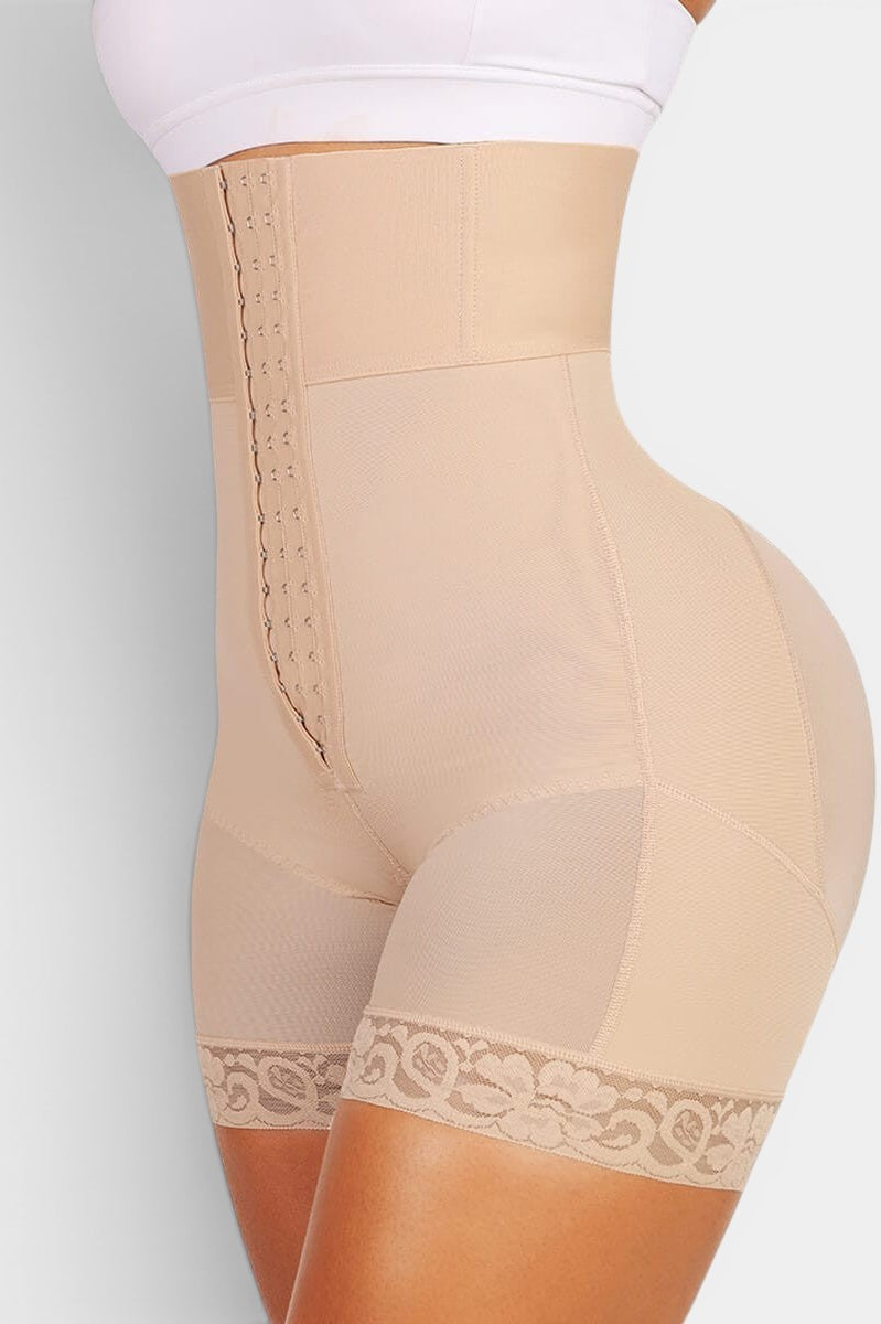 www.modusactive.com Sculpt Triple-Closure Bodysuit in beige, high-waisted with triple hook-and-eye closure, tummy control, and lace trim.