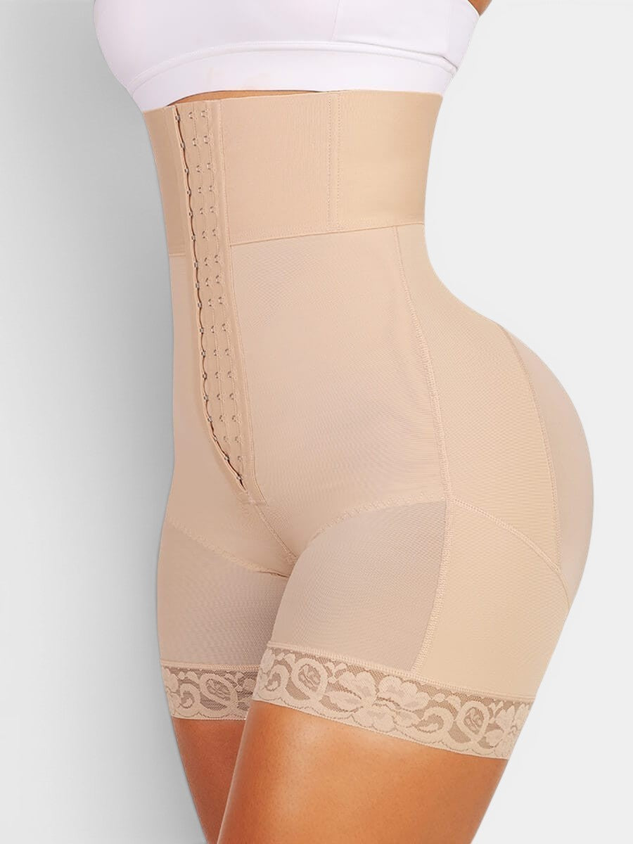 www.modusactive.com Sculpt Triple-Closure Bodysuit in beige, high-waisted with triple hook-and-eye closure, tummy control, and lace trim.