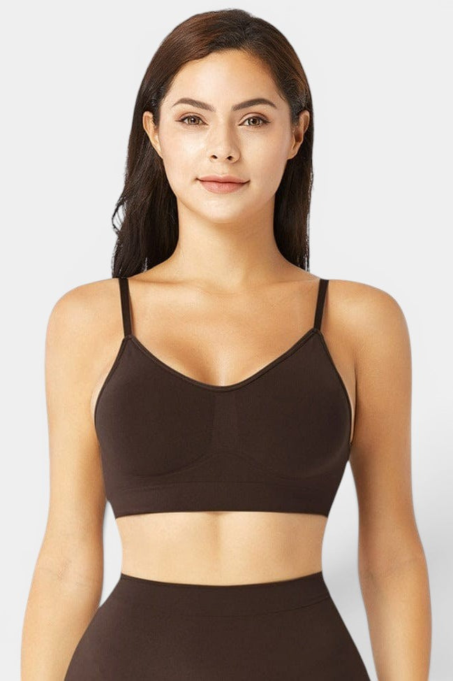 www.modusactive.com Sculpt Contour Bra in dark brown, made of nylon and elastane, with removable padding and adjustable straps.