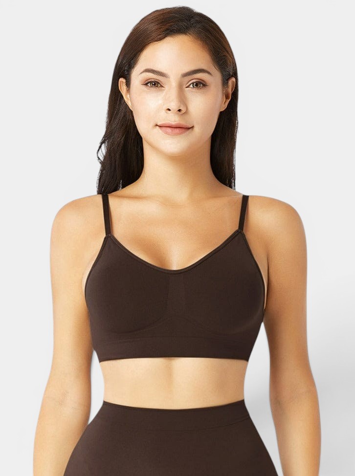 www.modusactive.com Sculpt Contour Bra in dark brown, made of nylon and elastane, with removable padding and adjustable straps.