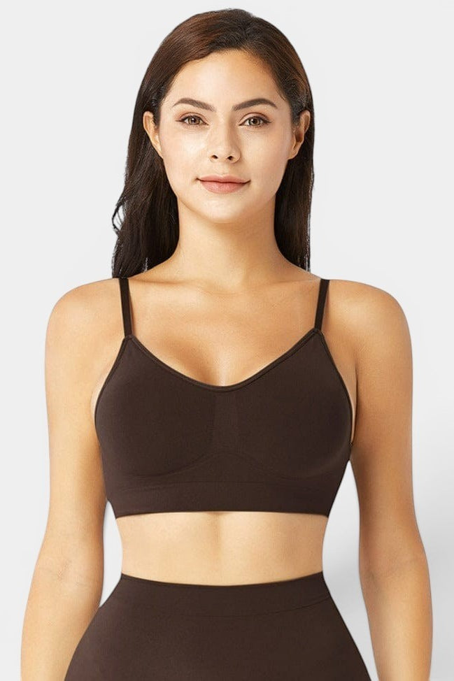 www.modusactive.com Sculpt Contour Bra in dark brown, made of nylon and elastane, with removable padding and adjustable straps.