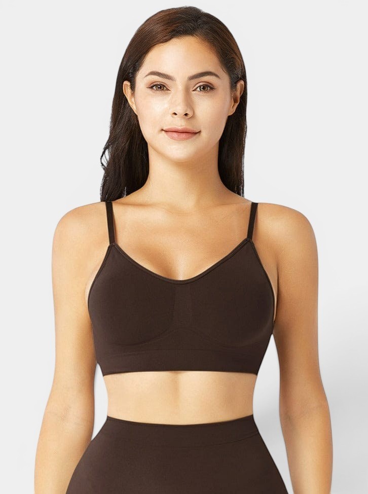 www.modusactive.com Sculpt Contour Bra in dark brown, made of nylon and elastane, with removable padding and adjustable straps.