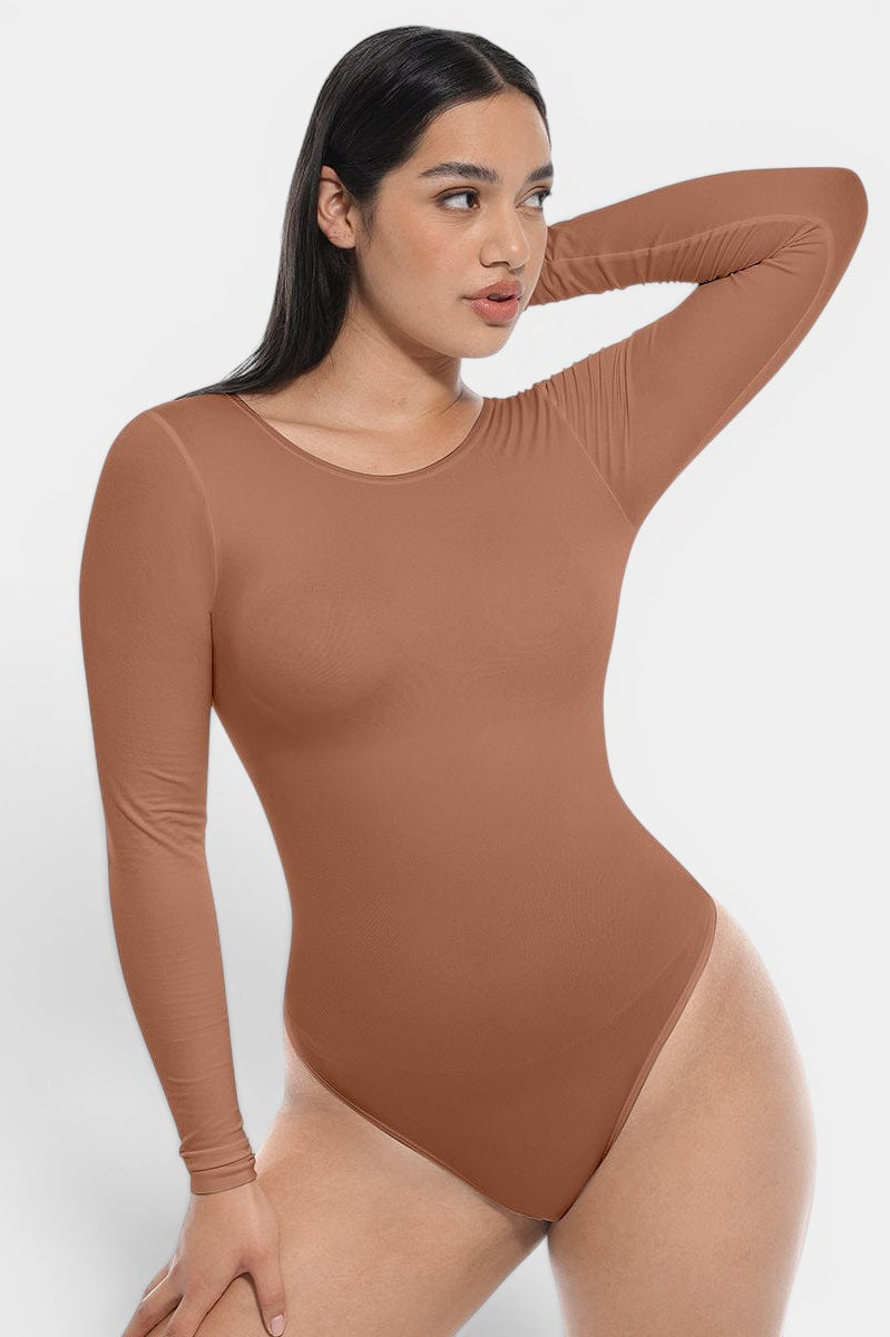 MODUS Sculpt™ Long Sleeve Bodysuit in a warm brown hue, made of nylon and spandex blend with tummy and arm slimming features.