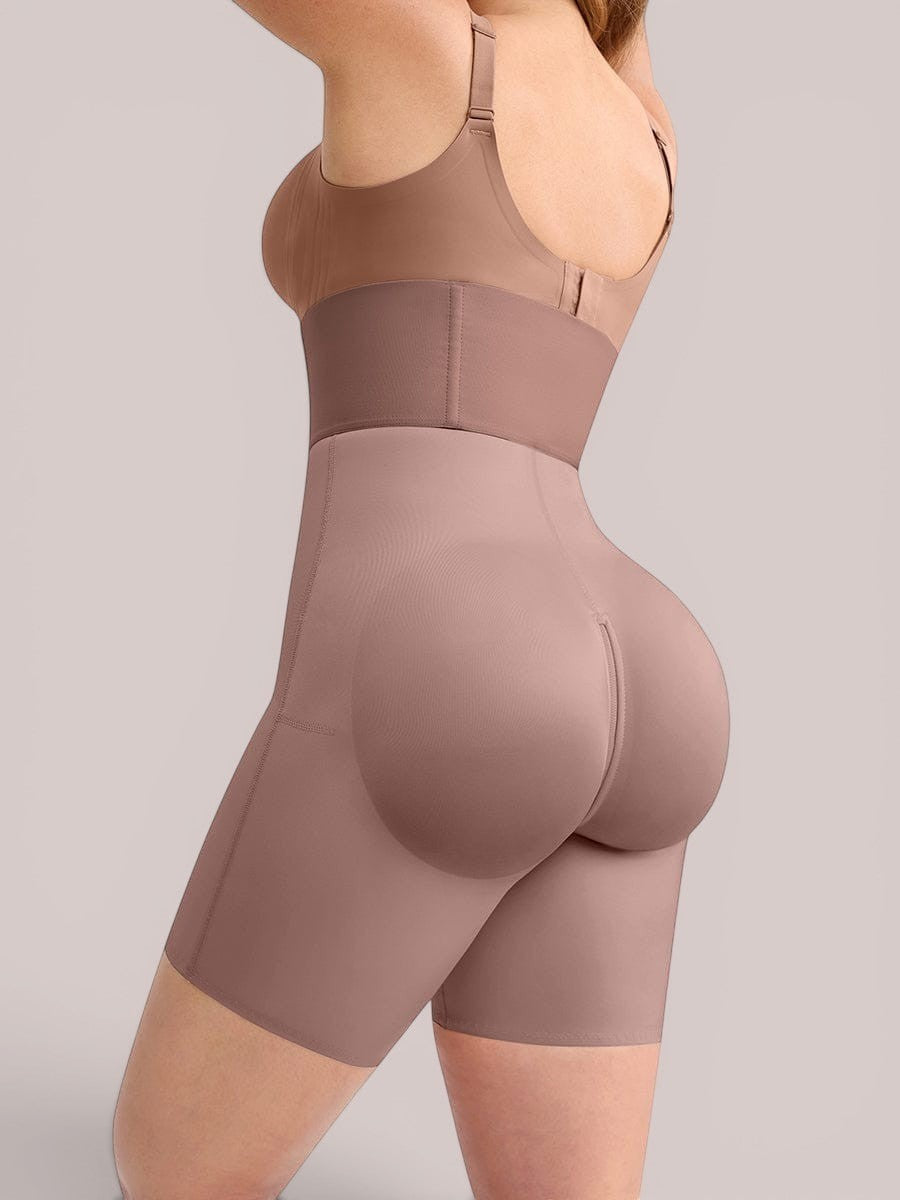 www.modusactive.com nude high-waisted shaping shorts with butt lifting feature and seamless leg openings.