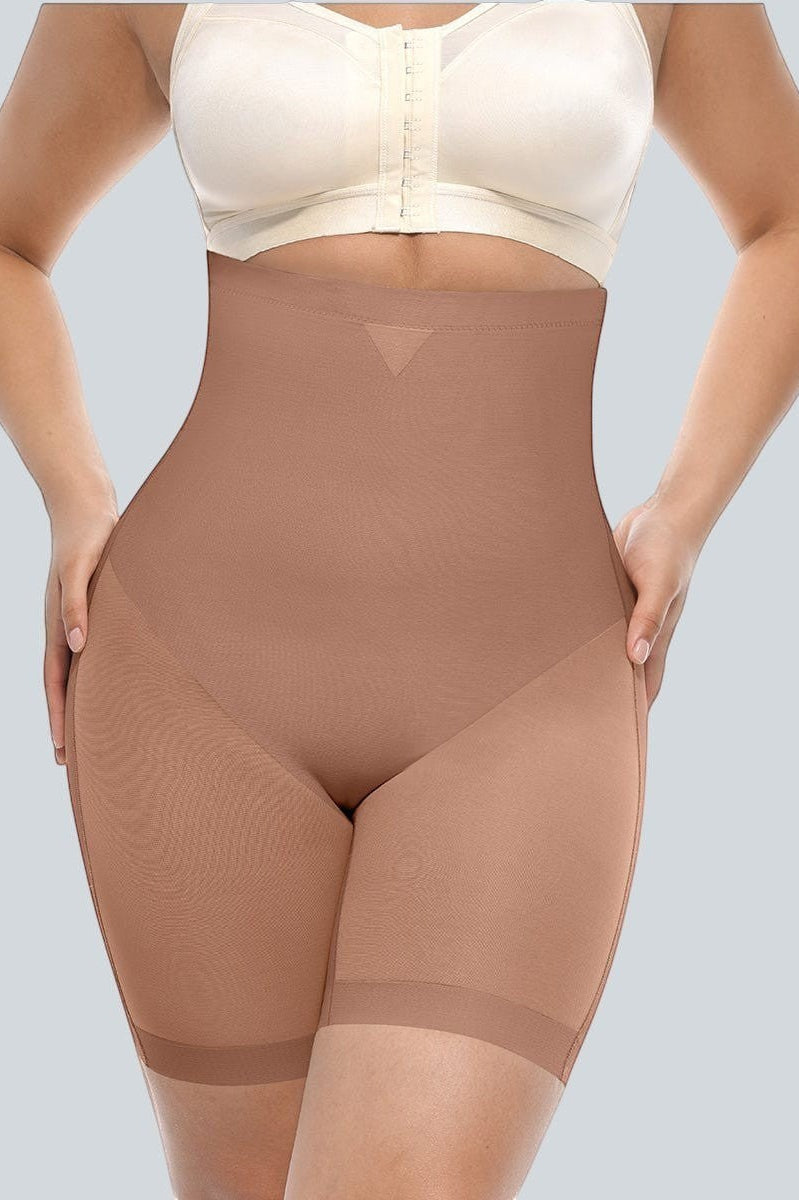 www.modusactive.com nude high-waisted shaping shorts with seamless bonding, tummy control, and butt-lifting design.