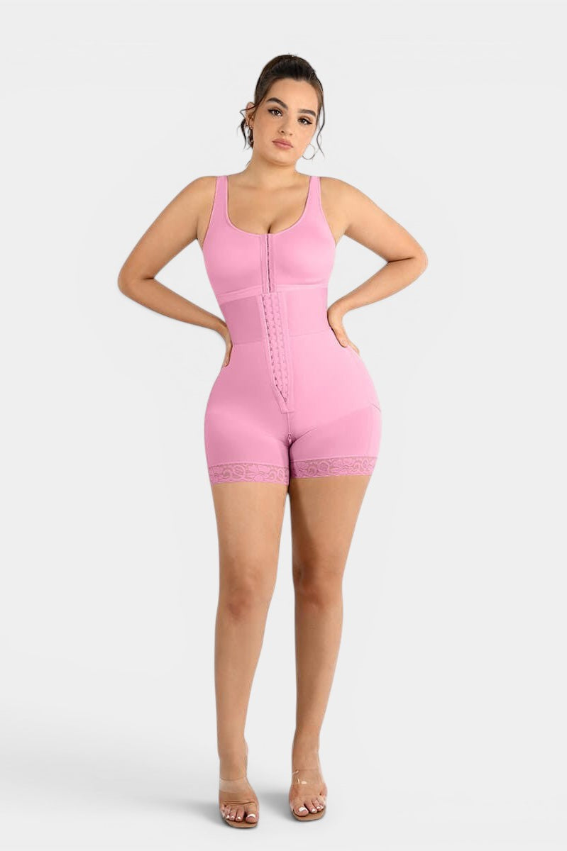 www.modusactive.com pink nylon and spandex triple-closure bodysuit with lace trim and tummy control