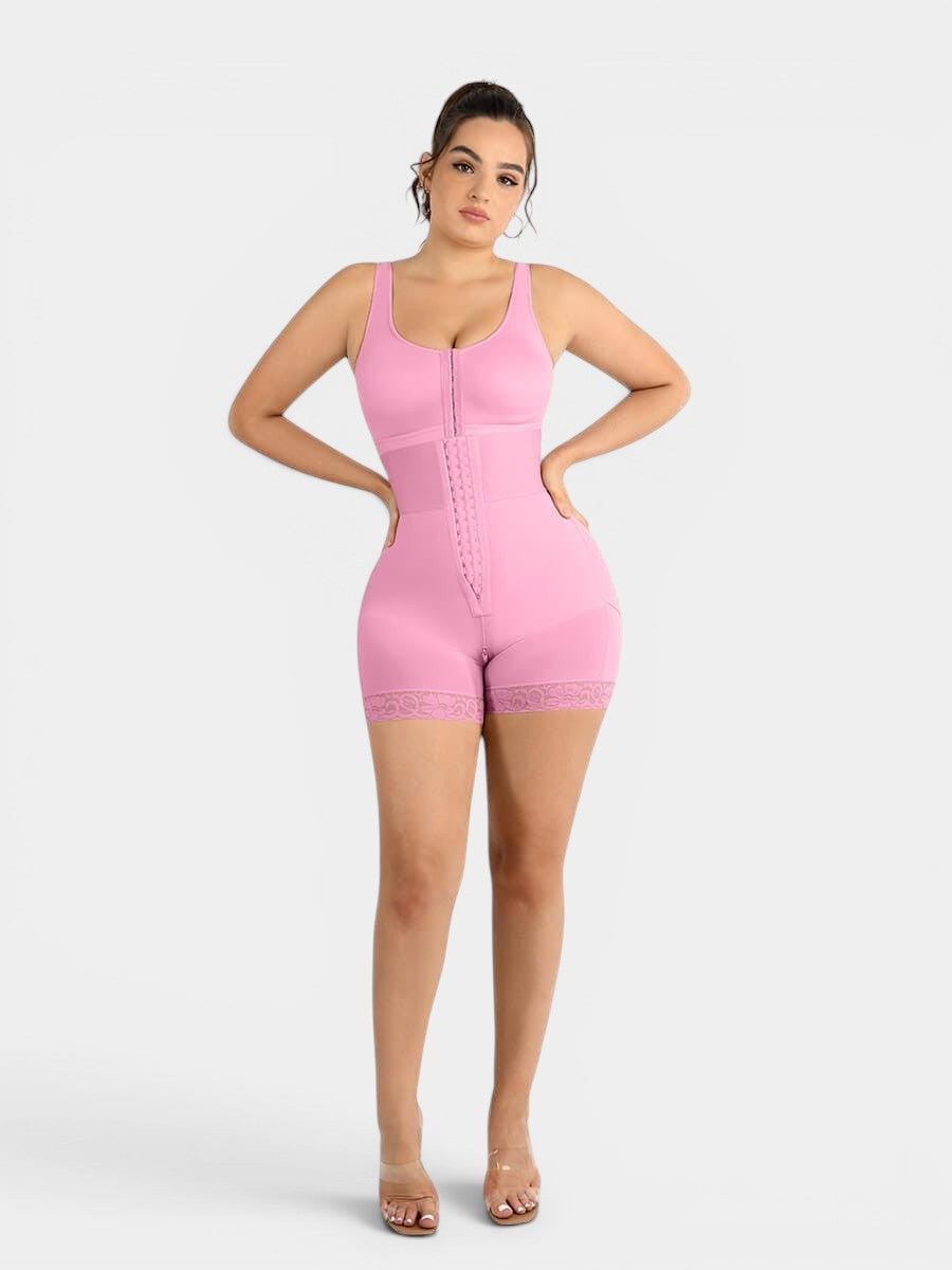 www.modusactive.com pink nylon and spandex triple-closure bodysuit with lace trim and tummy control