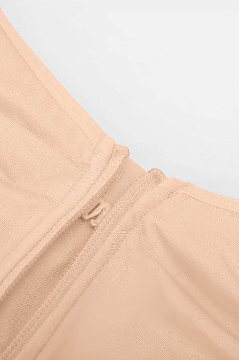 MODUS Sculpt™ Full-Bust Bodysuit in nude nylon-spandex with front zipper and hook closure.