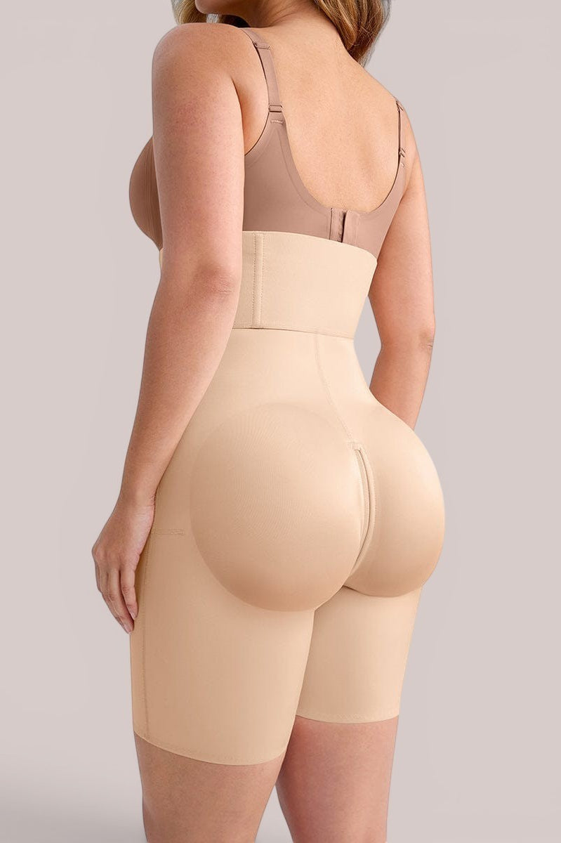 www.modusactive.com beige high-waisted shaping shorts with butt lifting feature and zipper closure.