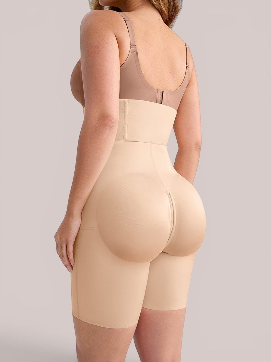 www.modusactive.com beige high-waisted shaping shorts with butt lifting feature and zipper closure.