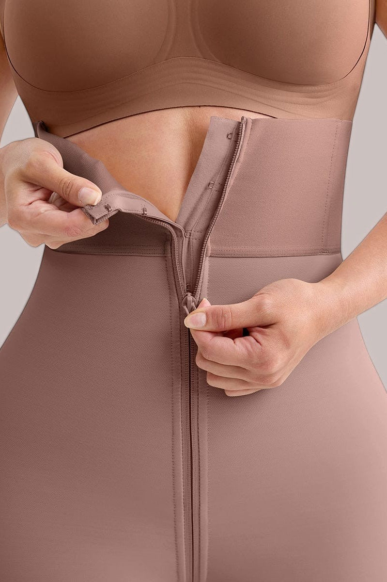 www.modusactive.com nude high-waisted shaping shorts with zipper closure and butt lifting design.