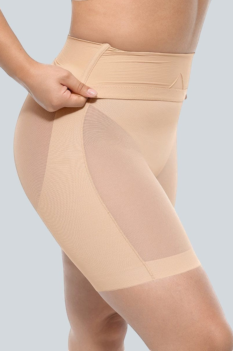 www.modusactive.com nude high-waisted shaping shorts with mesh hip panels and seamless bonding.