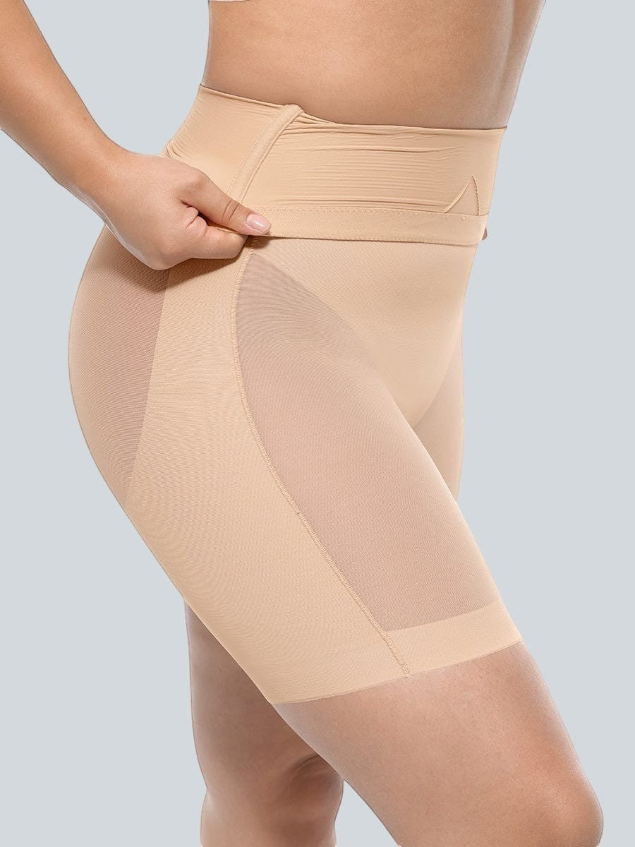 www.modusactive.com nude high-waisted shaping shorts with mesh hip panels and seamless bonding.