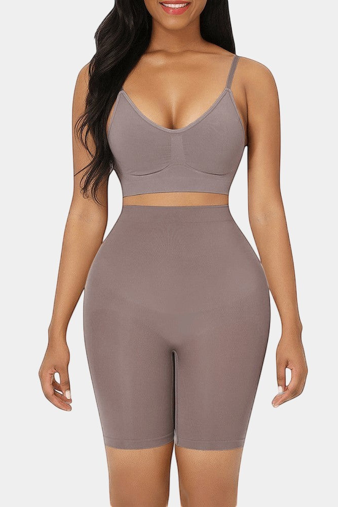 Modusactive taupe seamless high-waist butt lifter shorts made of nylon and elastane, designed for tummy control and slimming.